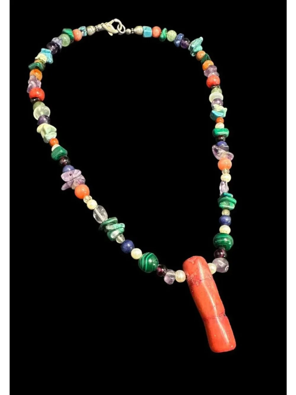 Southwestern Multi Gemstone Beaded Necklace 925 Clasp Coral Statement Pendant
